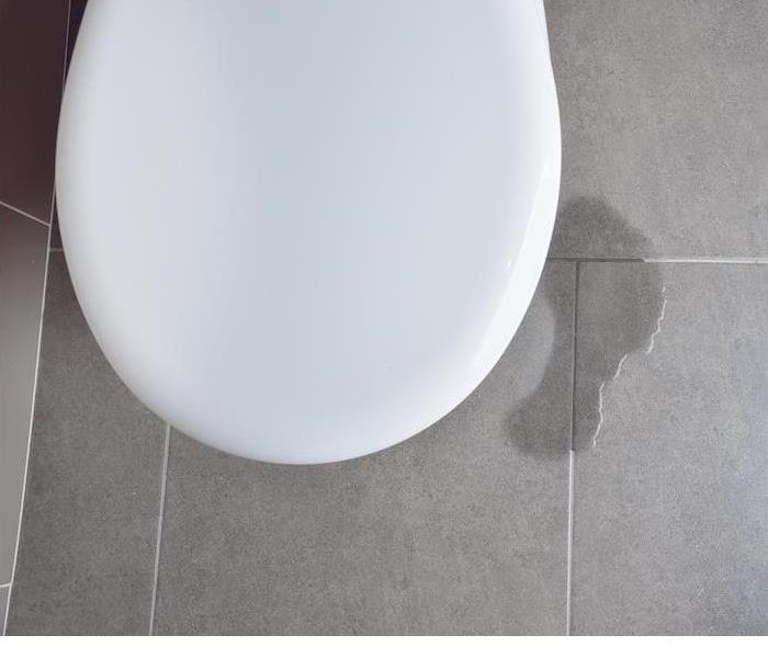 water leaking out of white toilet onto gray tile in bathroom